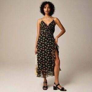 JCREW Flutter Wrap Midi Dress 4 Black Sunburst Floral Sleeveless Ruffle CD333